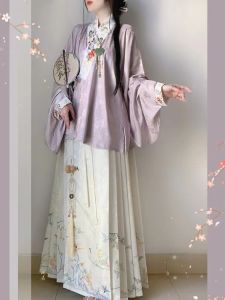 New Original Ming Dynasty Hanfu Womens Clothing [Lingling Yu Ming] Embroidered Cross over Collar Short Shirt Horse Tailed Skirt