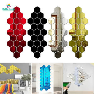 12Pcs DIY 3D Mirror Wall Sticker Hexagon Acrylic Mirror Self Adhesive Tile Decals Home Art Decor Red Blue Black Gold Silver