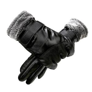 Leather Gloves Mens Winter Fleece Thickened Warm Touch Screen Windproof Waterproof Driving Motorcycle Riding Gloves Womens Win