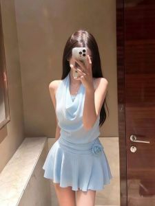 CHANGTONG | Graceful Style Halter Neck Deep V Short Dress Summer