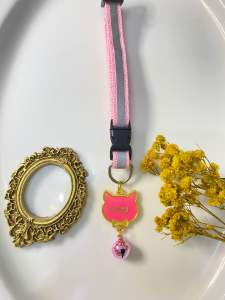 Customized cat tag with gold name on pink collar with bell and decorative frame.