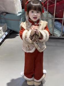 Thickened Cotton Padded New Year Visit Winter Outfit for Girls Traditional Chinese Style Performance Set Childrens Clothing