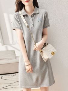 Gray Polo Collar Dress Women Summer New Casual Straight Loose Short Sleeve Commute Small Size Shirt Dress Trendy A-Line Skirt