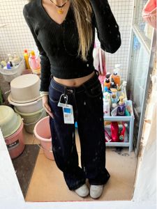 Extended Long High Waist Slimming Blue Wide Leg Denim Jeans Womens Spring Autumn High Heel Tubular Dyed Blue Floor Length Pants