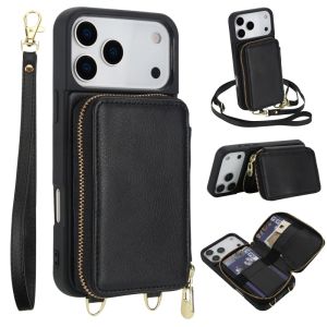 szhaiyu | Lanyard Leather Zipper Wallet Card Slots Phone Case For iPhone 18 17 16 15 14 13 12 11 Pro Max Plus 17Air 16E Crossbody Cover