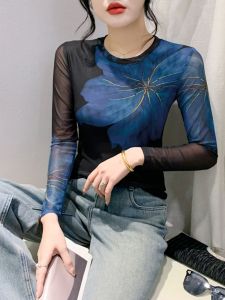 Fashionable Printed Long Sleeve round Neck Mesh Base Shirt Womens Spring New Style Street Style Slim Fit Floral Pattern T-Shirt