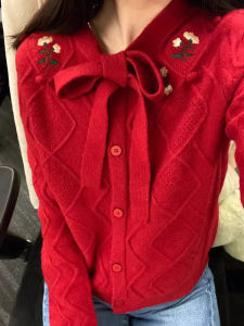 Christmas Atmosphere Life Red Sheep Wool Knit Cardigan Winter Plaid Soft Glutinous Long Sleeve Sweater Coat Western Style Top