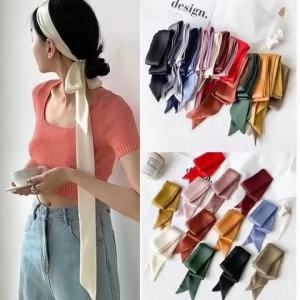 New Women Narrow Long Scarf Solid Color Chiffon Silk Rubber Red Tie Black Bag Ribbon Headbands Choker Streamer 200x5cm