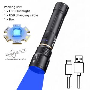 Alonefire | Alonefire Zoom High Power Blue Light LED Flashlight USB Rechargeable Aluminum Torch Camping Outdoor Hiking Hunting Fishing Lamp