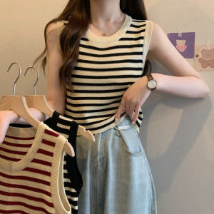 Chubby Girl Plus Size Striped Spaghetti Straps Vest Womens Summer Slimming Outer Wear Inner Wear Flab Hiding Sleeveless Knit Casual Tops