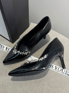 Black Patent Leather Pointed Toe High Heels Fashionable Diamond Decorated Womens Shoes Spring Summer New Style Semi-Up Open Toe