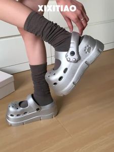 XIXITIAO | Dép Clog Gót Nhọn Bạc 8cm