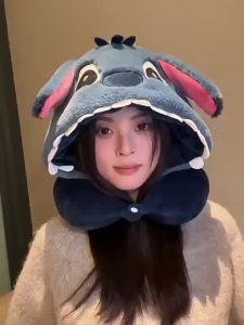 2-in-1 Cute Purple Stitch Hooded U-Shaped Pillow Cartoon Anime Stitch Alien Neck Pillow Blackout Travel Plush Toy