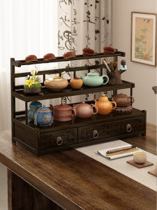Non-Traditional Wooden Tea Set Display Rack Simple Tea Cup Storage Stand Mini Desktop Chinese Style Antiquities Shelf