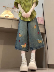 QIANCHANGNAAI | Retro Cartoon Embroidered Denim Culottes