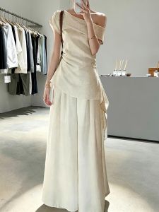 XUECAIQI | Asymmetrical Flutter Sleeve Top & High Waist Wide Leg Pants Set