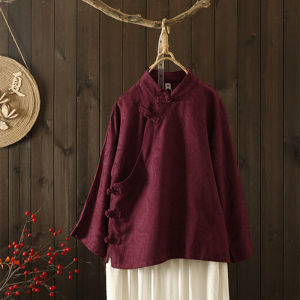 Early Autumn Loose Retro National Style Buckle Cotton and Linen Shirts Women Chinese Style Diagonal Stand Collar Zen Tea Clothing Jacquard Cheongsam