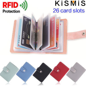 KISMIS 1PC Women Men Leather 26 Slots ID Credit Card Holders RFID Blocking Wallet Case Pocket Bag