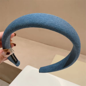 Blue Denim Wide Sponge Hairband Basic Pressed Hair Clip Retro Classic Headband Simple Pure Color Stylish Korean Fashion Accessory