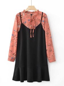 ชุดเดรสยาวลายดอกไม้สไตล์เกาหลีไซส์ใหญ่ กระโปรงทรงเอเอวสูง แขนยาว ปกโปโล ช่วงฤดูใบไม้ผลิและฤดูใบไม้ร่วง