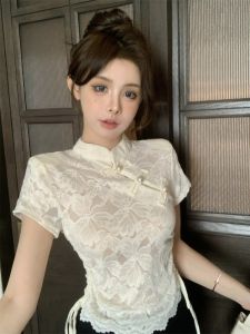 GUZILIAN | New Chinese Style Button Lace Shirt Women French High Sense Embroidery Drawstring Short Sleeve Summer New Fashion Top