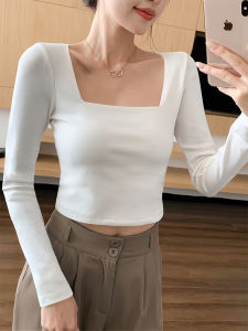 French Style Square Collar Short Knitted Base Shirt Womens White Small Size Belly Baring Top Fall Season Fashion Sensation