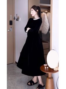 Elegant Velvet Draped Diamond round Neck Dress Womens Autumn High Waist A-Line Skirt Long Sleeve Luxury Black Dress