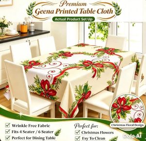 Premium Geena Printed Table Cloth Christmas Floral Design Wrinkle Free Fabric Fits 4 to 8 Seater Perfect for Dining Table Easy to Clean
