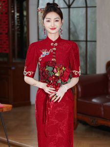 New Chinese Style Summer Red Slimming Wedding Qipao Womens Engagement Dinner Party Traditional Chinese Costume Customizable