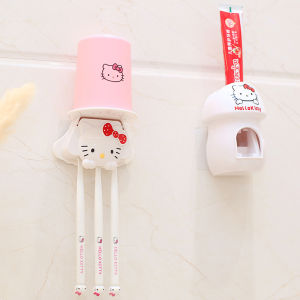 Kitty Toothbrush Holder Wall-Mounted Punch-Free Automatic Toothpaste Dispenser Cartoon Cute Wash Cup Holder Set