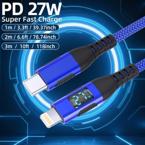 MFi Certified 27W Type C to Lightning Fast Charging Braided Cable with Digital Display High Speed Power Delivery Universal