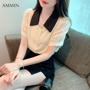 AMMIN ผู้หญิงผ้าชีฟองคอตูฟู บล็อกสีใหม่ฤดูร้อนเสื้อลูกไม้แจ็ค การ์ดปักลวดลายสวยงาม เหมาะสำหรับแฟชั่นสไตล์เกาหลีร้อยเข้าคู่