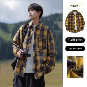 Loose Mens Long Sleeve Shirt Retro Japanese Style Spring Autumn Trendy Brand Checkered Casual Coat for Teenagers Travel Wear