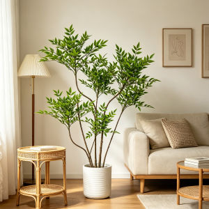 Kmitang | 70-140cm Large Artificial Ficus Tree Fake Nandina Plant Faux Bamboo Branch Tropical Plastic Banyan Leafs For Home Garden Decor