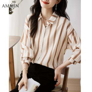 AMMIN 2024เสื้อทำงานสำหรับผู้หญิงเสื้อเชิ้ตรายริ้วเนื้อผ้าชีฟองน์ทำงานลำลองแขนยาวมีสไตล์ใหม่