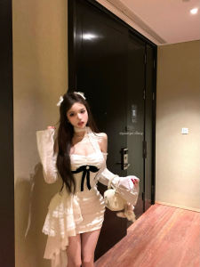 Elegant Short Sleeveless Womens Dress Shoulder Bows Long Sleeves Wrap Waist Butterfly Knot Tight Fit Bodycon Autumn Fashion