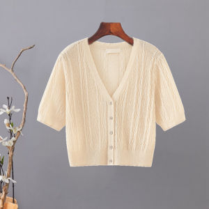 New Summer Womens Short Sleeve Knitted Ice Silk Linen Loose Slimming Cardigan Thin Outerwear Skirt Top Open Cardigan