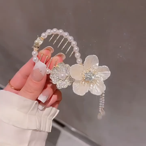 Pearl Flower Rhinestone Hair Clip with Tassel Elegant Retro Fashion Metal Hiarpin Hair Bun Buckle Back Brain Spoon Ball Head Pan Hair Womens Hair Accessories