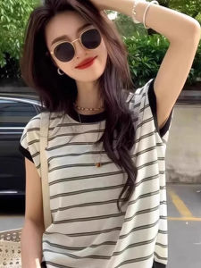 chaqi | Korean Style Striped Knitted Short Sleeve T-Shirt Womens Summer Fashion Versatile Top Breathable Sweat Absorbent Creative Design