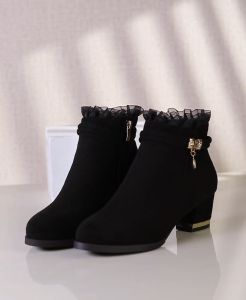 Martini Korean Fashion Suede Ankle Lace Pendant Zipper Short Boots with Heels For Ladies Black 2 inches