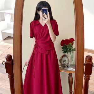 Summer New plus Size Red Dress Wedding Dress Hepburn Style Sweet Design Korean Version High Waist A-Line Skirt Polyester Fabric