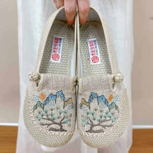 Giày Vải Thêu Phong Cách Trung Hoa Cổ Điển Thoáng Khí Thoải Mái Cho Mẹ Giày Đơn Đế Bằng Thêu Hoa Phong Cách Dân Tộc Cho Nữ
