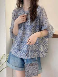 Ole Discount Store Vintage Floral Half Sleeve Shirt Womens European Station Summer Clothing European Products Womens Clothes Stylish Western Style Top