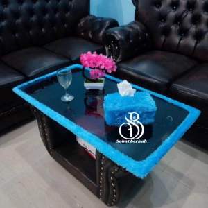 Bando meja kaca + sarung tisu bulu 1 Set taplak meja kaca ruang tamu hiasan meja tamu list meja