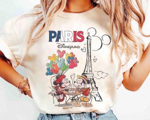 Retro Mickey Minnie Disneyland Parent-Child T-Shirt Eiffel Tower Mickey Mouse Camisetas Disney Familia Mother Kids Vacation Top