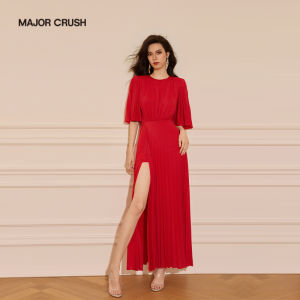 French Romantic Barbados Cherry Color Pleated Side Slit Dress