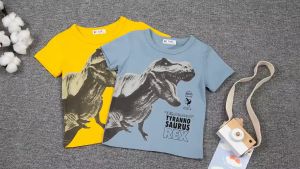[Zensasi] Baju Kaos T-Shirt Anak Laki-Laki Dan Perempuan Lengan Pendek Gambar Tyrannosaurus Warna Biru Dan Kuning