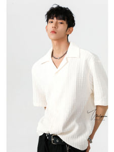 เสื้อเชิ้ตแขนสั้นผ้าไหมน้ำแข็ง V37 สำหรับผู้ชาย ทรงหลวม สไตล์อเมริกัน คอคัลเลอร์ ทรงปกติ ฤดูร้อน 2025