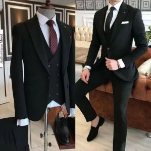 Luxury Tailor Made Black Peak Lapel One Button Suit Men Slim Fit Groom Tuxedos Business Prom 3 Pieces(Blazer+Vest +Pant)