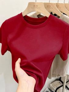 Slim Fit Half Sleeve T-Shirt Womens Short Sleeve round Neck Pure Color Top Korean Style Commute Fashion Summer New Arrival